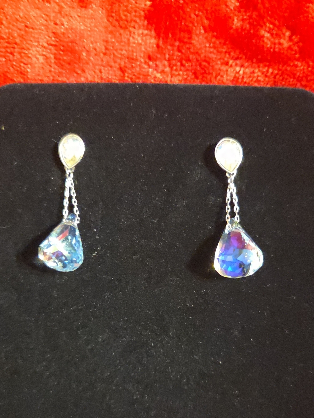 Swarovski Silver Drop Earrings with Blue Iridescent Crystals
